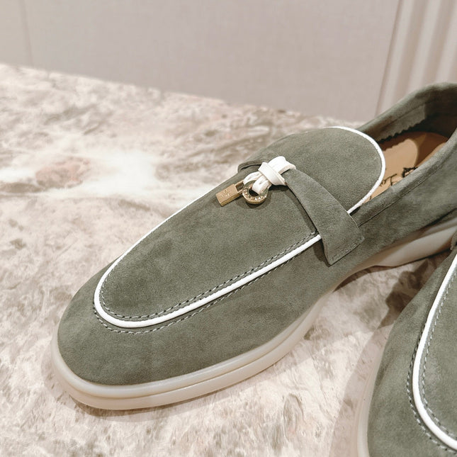 LP LOAFERS 25S IN MOSS GREEN SUEDE WITH SILVER HARDWARE