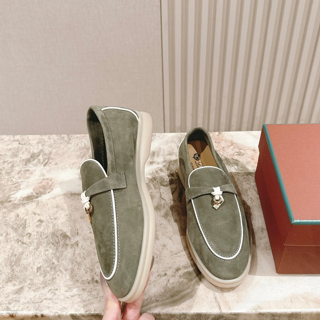 LP LOAFERS 25S IN MOSS GREEN SUEDE WITH SILVER HARDWARE