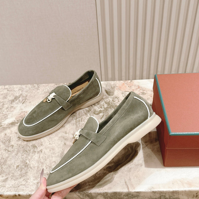 LP LOAFERS 25S IN MOSS GREEN SUEDE WITH SILVER HARDWARE