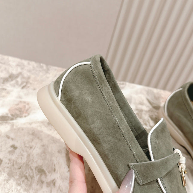 LP LOAFERS 25S IN MOSS GREEN SUEDE WITH SILVER HARDWARE