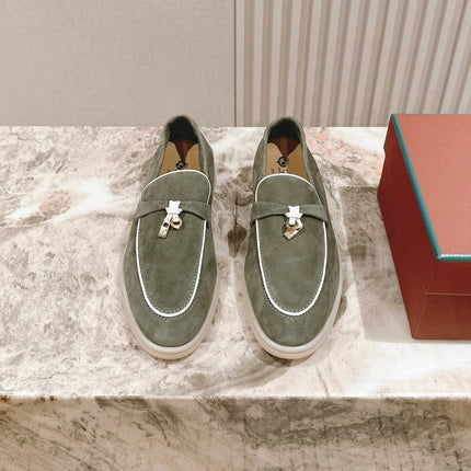 LP LOAFERS 25S IN MOSS GREEN SUEDE WITH SILVER HARDWARE