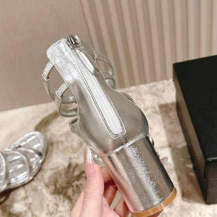 CC HIGH SANDAL 25S IN SILVER LAMBSKIN PEARL FLOWERS