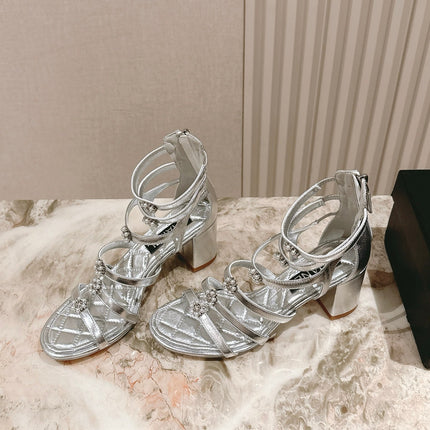 CC HIGH SANDAL 25S IN SILVER LAMBSKIN PEARL FLOWERS
