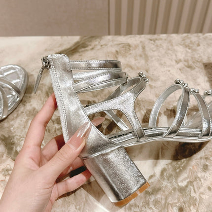 CC HIGH SANDAL 25S IN SILVER LAMBSKIN PEARL FLOWERS