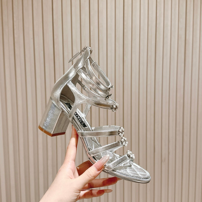 CC HIGH SANDAL 25S IN SILVER LAMBSKIN PEARL FLOWERS