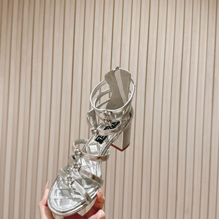 CC HIGH SANDAL 25S IN SILVER LAMBSKIN PEARL FLOWERS