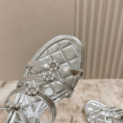 CC HIGH SANDAL 25S IN SILVER LAMBSKIN PEARL FLOWERS
