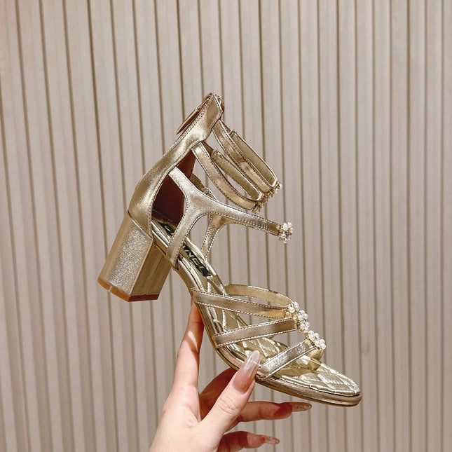 CC HIGH SANDAL 25S IN GOLD LAMBSKIN PEARL FLOWERS