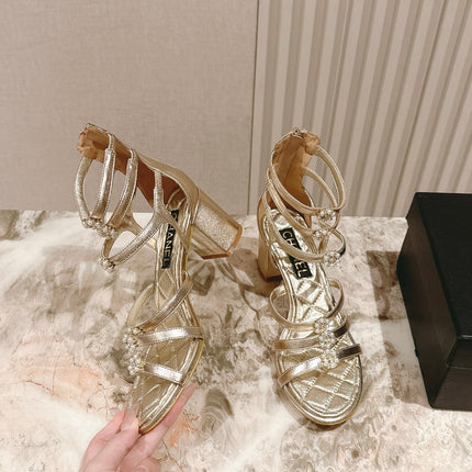 CC HIGH SANDAL 25S IN GOLD LAMBSKIN PEARL FLOWERS