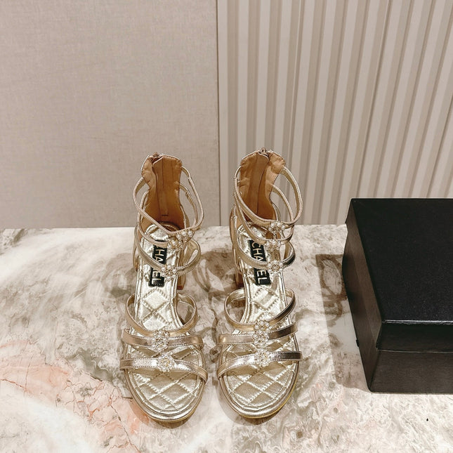 CC HIGH SANDAL 25S IN GOLD LAMBSKIN PEARL FLOWERS