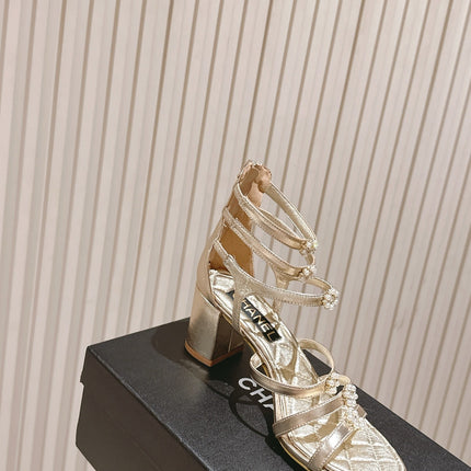 CC HIGH SANDAL 25S IN GOLD LAMBSKIN PEARL FLOWERS