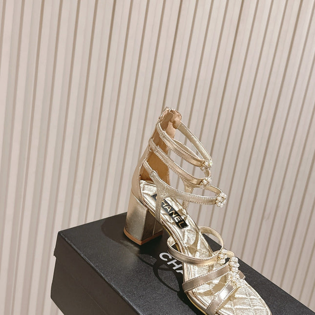 CC HIGH SANDAL 25S IN GOLD LAMBSKIN PEARL FLOWERS