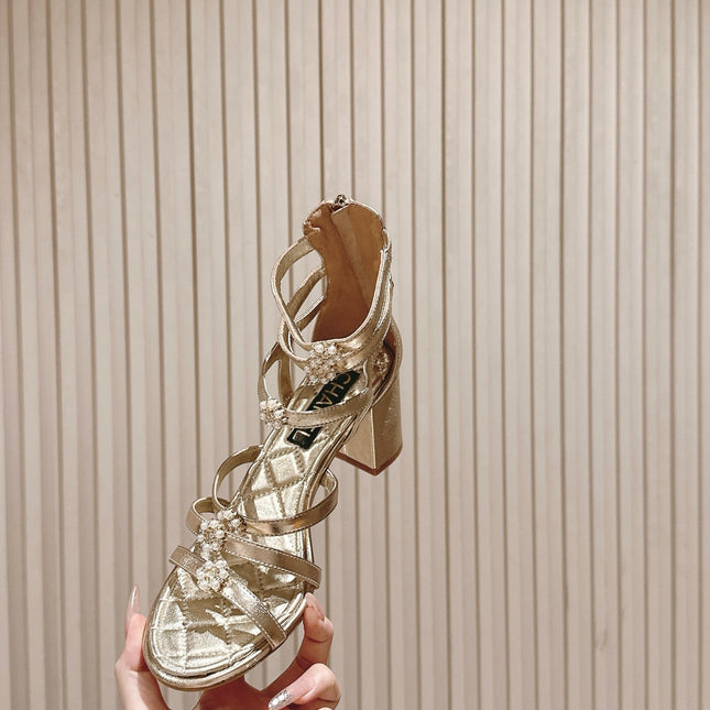 CC HIGH SANDAL 25S IN GOLD LAMBSKIN PEARL FLOWERS