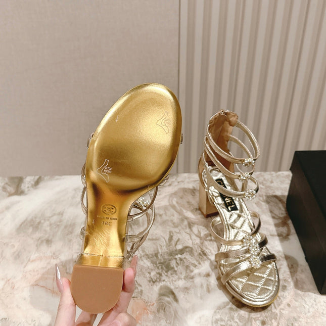 CC HIGH SANDAL 25S IN GOLD LAMBSKIN PEARL FLOWERS