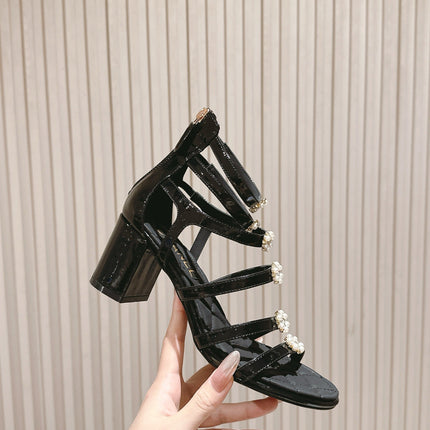 CC HIGH SANDAL 25S IN BLACK LAMBSKIN PEARL FLOWERS