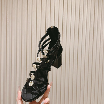 CC HIGH SANDAL 25S IN BLACK LAMBSKIN PEARL FLOWERS