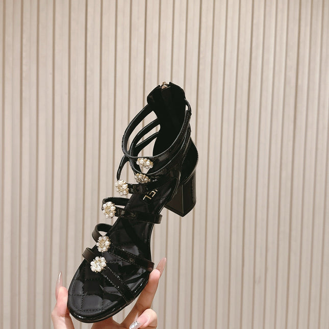 CC HIGH SANDAL 25S IN BLACK LAMBSKIN PEARL FLOWERS