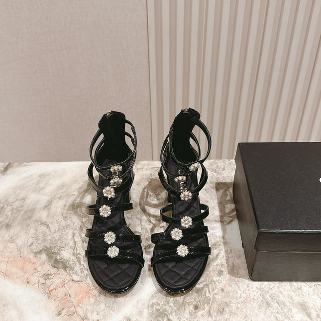 CC HIGH SANDAL 25S IN BLACK LAMBSKIN PEARL FLOWERS
