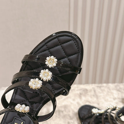 CC HIGH SANDAL 25S IN BLACK LAMBSKIN PEARL FLOWERS