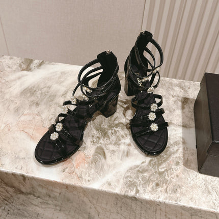 CC HIGH SANDAL 25S IN BLACK LAMBSKIN PEARL FLOWERS