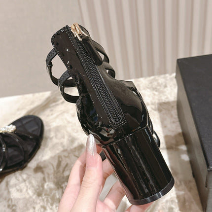 CC HIGH SANDAL 25S IN BLACK LAMBSKIN PEARL FLOWERS