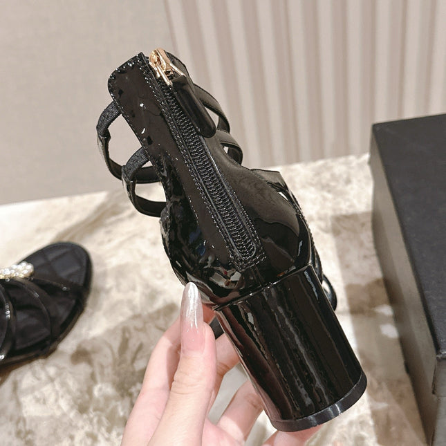 CC HIGH SANDAL 25S IN BLACK LAMBSKIN PEARL FLOWERS