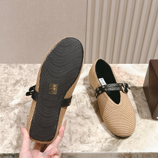 ALAIA MARY JANE 25S IN BEIGE RAFFIA AND BLACK LAMBSKIN WITH SILVER HARDWARE