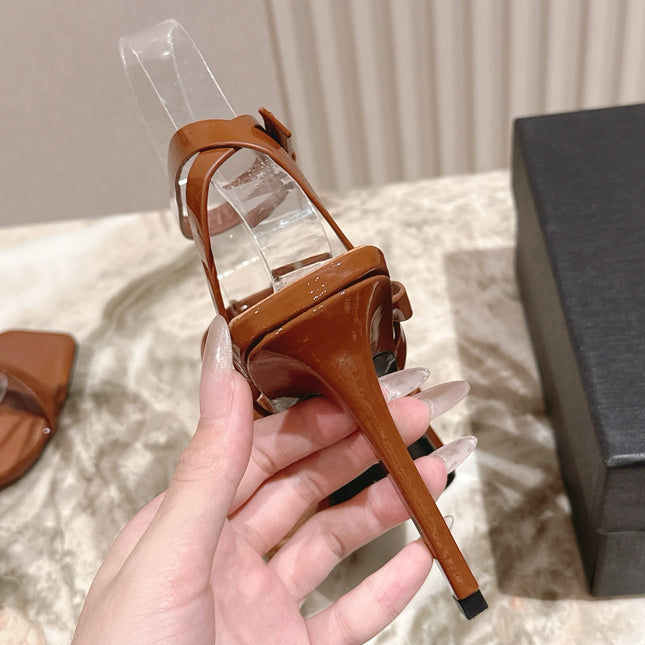 YSL 25S STILETTO HIGH-HEEL SANDALS 100 MM IN BROWN LAMBSKIN WITH GOLD HARDWARE