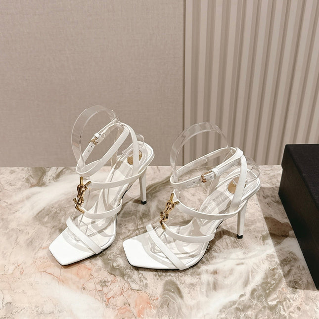 YSL 25S STILETTO HIGH-HEEL SANDALS 100 MM IN WHITE LAMBSKIN WITH GOLD HARDWARE