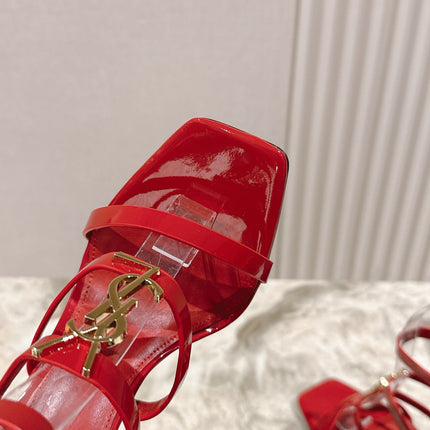YSL 25S STILETTO HIGH-HEEL SANDALS 100 MM IN RED LAMBSKIN WITH GOLD HARDWARE