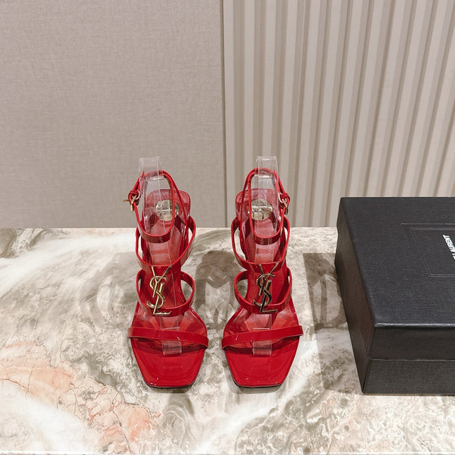 YSL 25S STILETTO HIGH-HEEL SANDALS 100 MM IN RED LAMBSKIN WITH GOLD HARDWARE