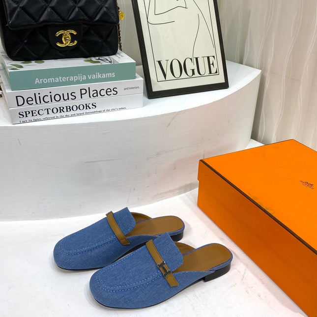 IENA MULE LAPIS CANVAS AND CARAMEL CALFSKIN