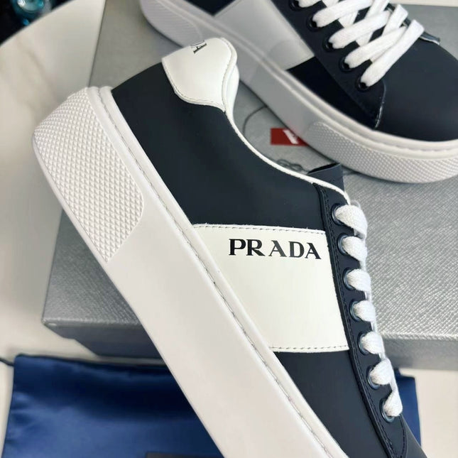 PRADA 25S LEATHER LOGO OUTLET SNEAKERS BLUISH BLACK CALFSKIN