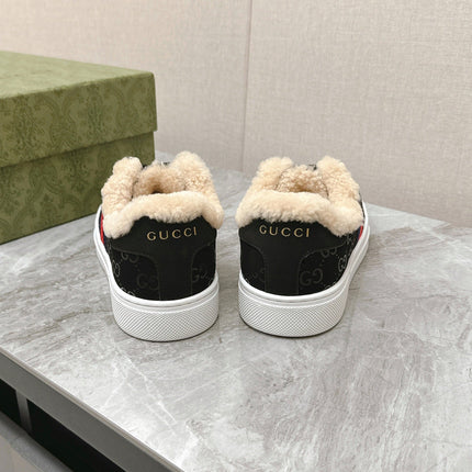 GG ACE SNEAKER WITH WEB IN BLACK EMBOSSED SUEDE AND WOOL LINING