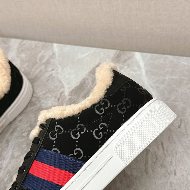 GG ACE SNEAKER WITH WEB IN BLACK EMBOSSED SUEDE AND WOOL LINING