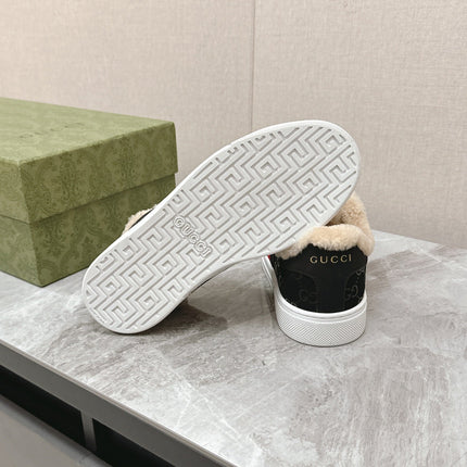 GG ACE SNEAKER WITH WEB IN BLACK EMBOSSED SUEDE AND WOOL LINING