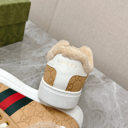 GG ACE SNEAKER WITH WEB IN BEIGE EMBOSSED SUEDE AND WOOL LINING