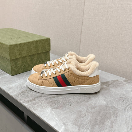GG ACE SNEAKER WITH WEB IN BEIGE EMBOSSED SUEDE AND WOOL LINING