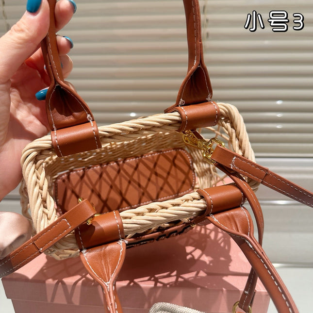 WOVEN HOLLOW BAG 18 IN BEIGE RATTAN AND BROWN CALFSKIN TRIM