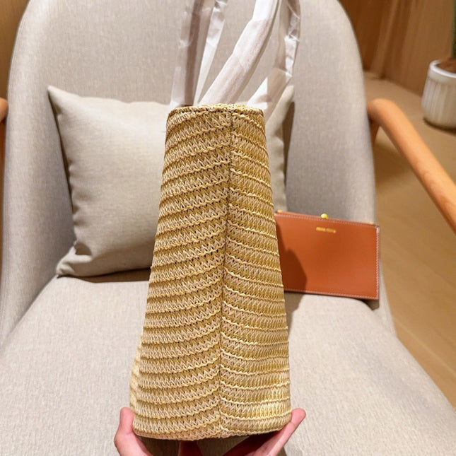 PALMETTO TOTE BAG 25 IN BEIGE WOVEN RAFFIA BROWN CALFSKIN TRIM