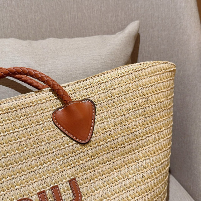 PALMETTO TOTE BAG 25 IN BEIGE WOVEN RAFFIA BROWN CALFSKIN TRIM