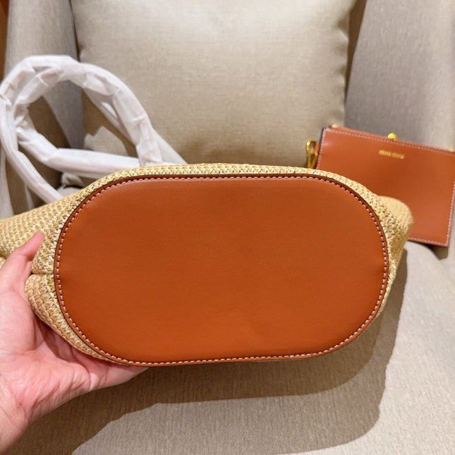 PALMETTO TOTE BAG 25 IN BEIGE WOVEN RAFFIA BROWN CALFSKIN TRIM