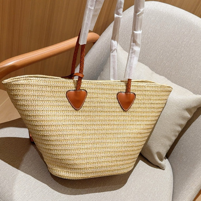 PALMETTO TOTE BAG 25 IN BEIGE WOVEN RAFFIA BROWN CALFSKIN TRIM