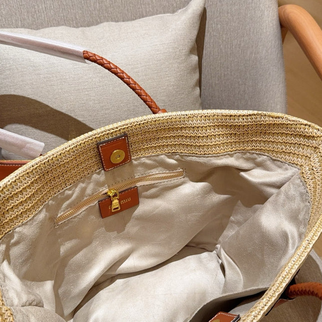 PALMETTO TOTE BAG 25 IN BEIGE WOVEN RAFFIA BROWN CALFSKIN TRIM