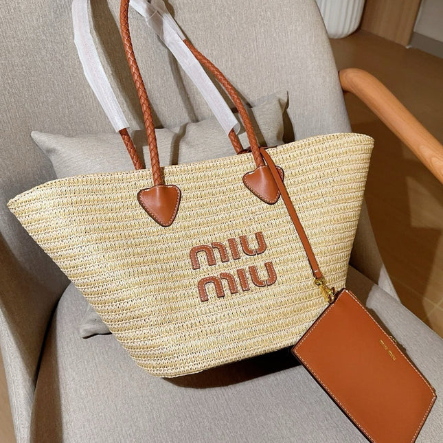 PALMETTO TOTE BAG 25 IN BEIGE WOVEN RAFFIA BROWN CALFSKIN TRIM