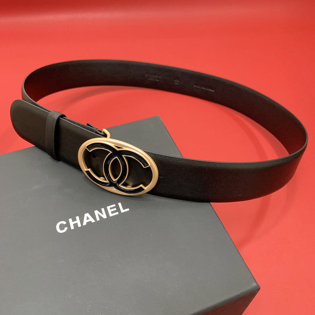 CC 40 MM CIRCLE BUCKLE BELT IN BLACK CALFSKIN WITH GOLD MIX BLACK HARDWARE