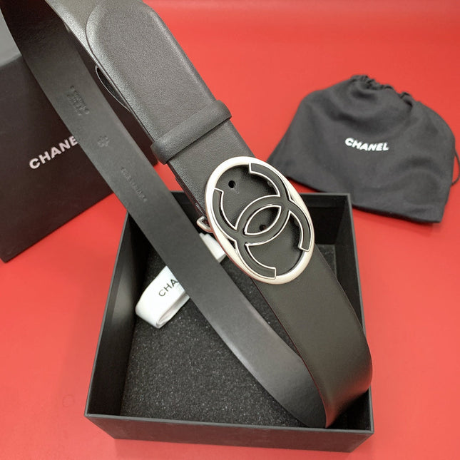CC 40 MM CIRCLE BUCKLE BELT IN BLACK CALFSKIN WITH SILVER MIX BLACK HARDWARE