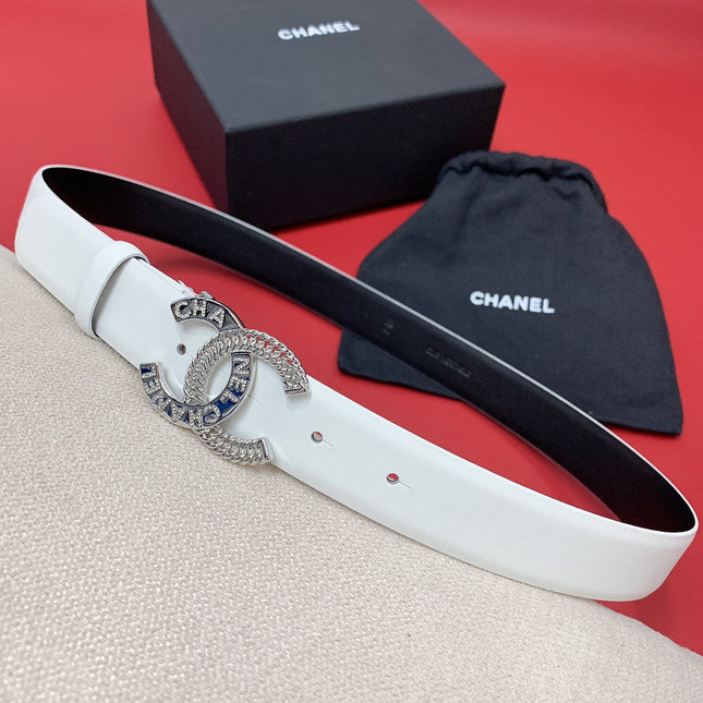 CC MEDIUM 30 MM BELT WHITE CALFSKIN SILVER HARDWARE WITH LETTER