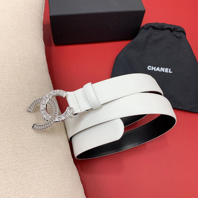 CC MEDIUM 30 MM BELT WHITE CALFSKIN SILVER HARDWARE WITH LETTER
