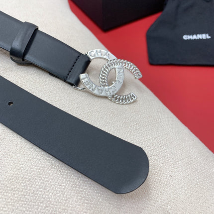 CC MEDIUM 30 MM BELT BLACK CALFSKIN SILVER HARDWARE WITH LETTER